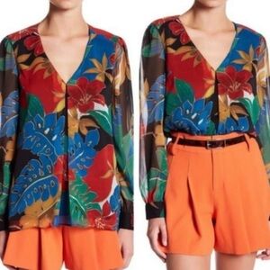 Alice + Olivia Deandra Jungle Hibiscus Floral V-neck Blouse Women’s Size M